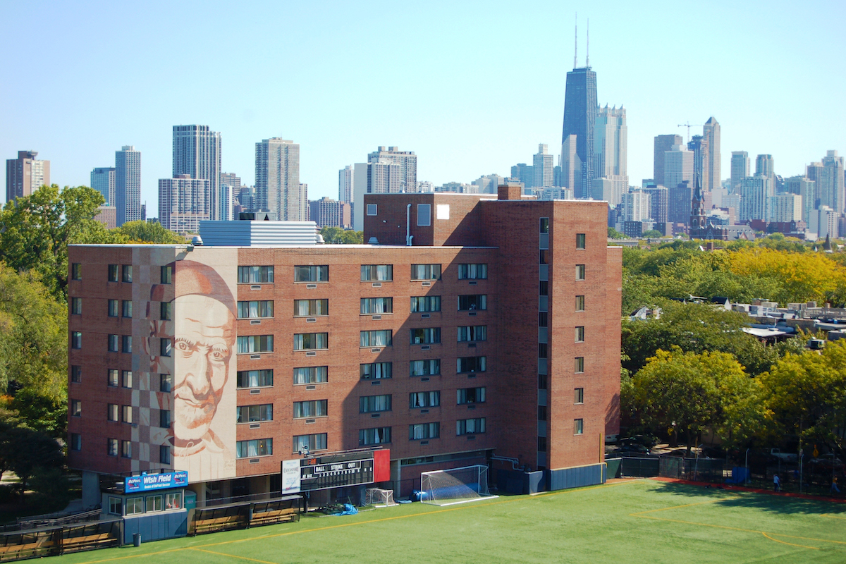 McCabe Hall with Chicago skyline in the background