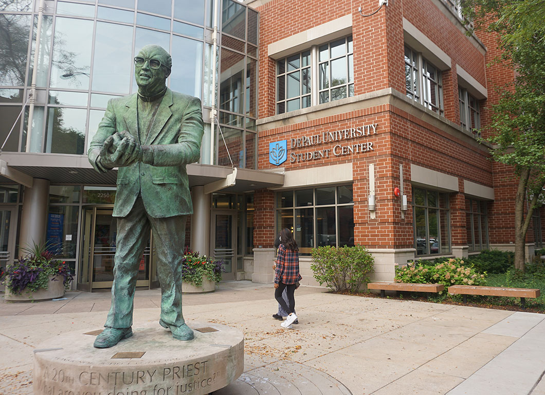 Fr. Egan statue in front of Student Center 2021 Fr. Egan statue in front of Student Center 2021